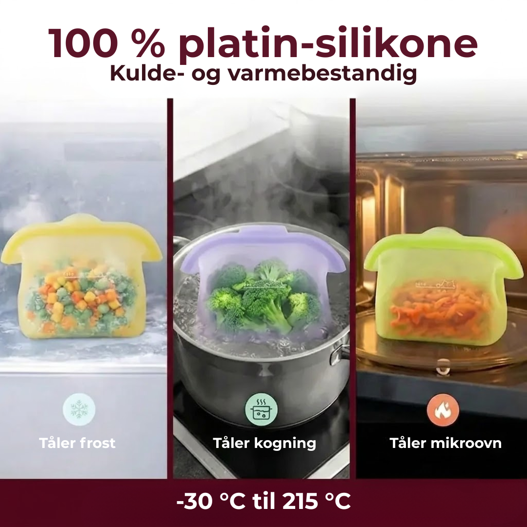 FlexFresh™| Genanvendelig silikonepose, mikrobølgeovnssikker og lækagesikker