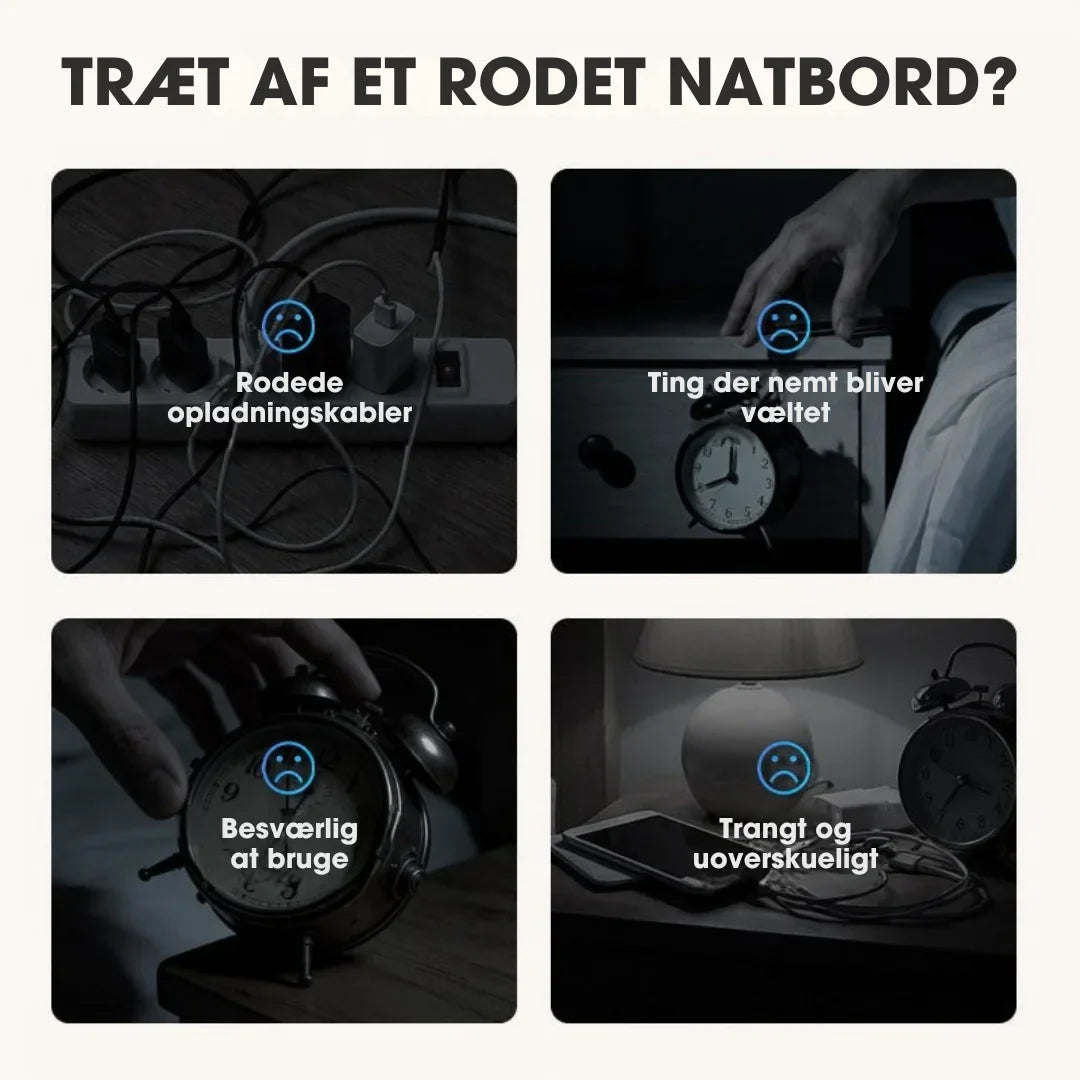 NordicWake | 6-i-1 Multifunktionel Trådløs Ladestation – Alt-i-én Komfort til Dit Natbord ✨