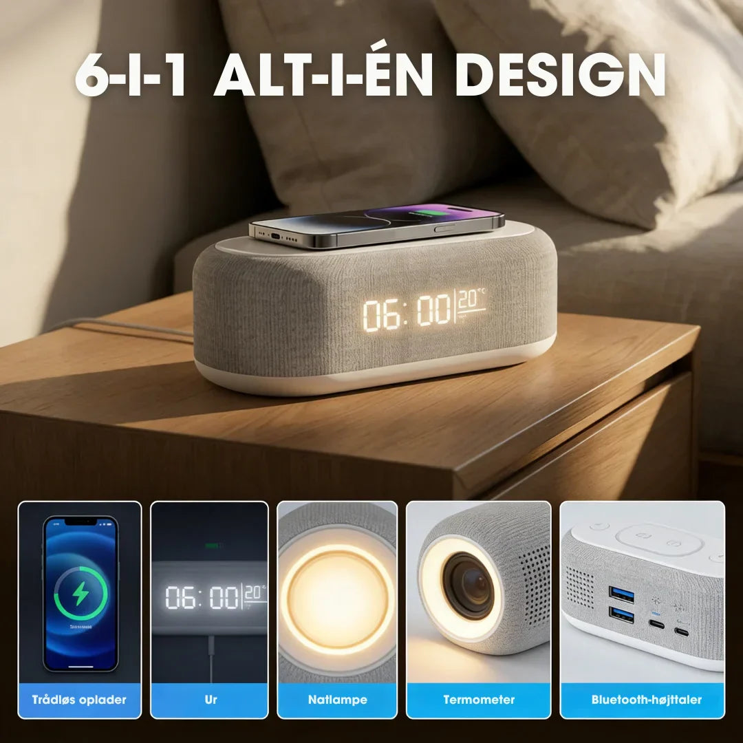 NordicWake | 6-i-1 Multifunktionel Trådløs Ladestation – Alt-i-én Komfort til Dit Natbord ✨
