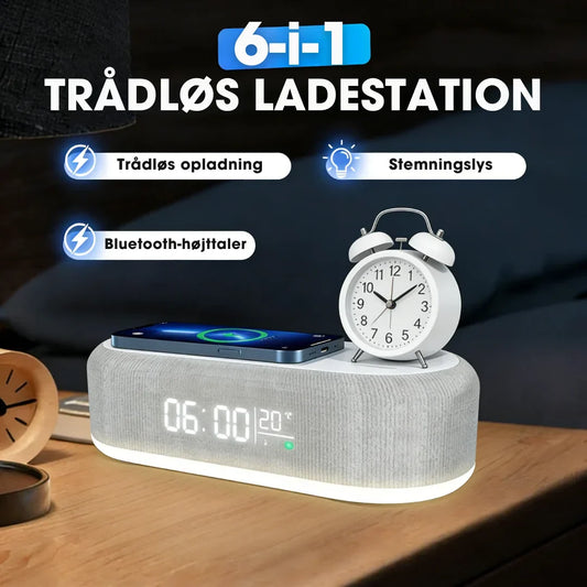 NordicWake | 6-i-1 Multifunktionel Trådløs Ladestation – Alt-i-én Komfort til Dit Natbord ✨