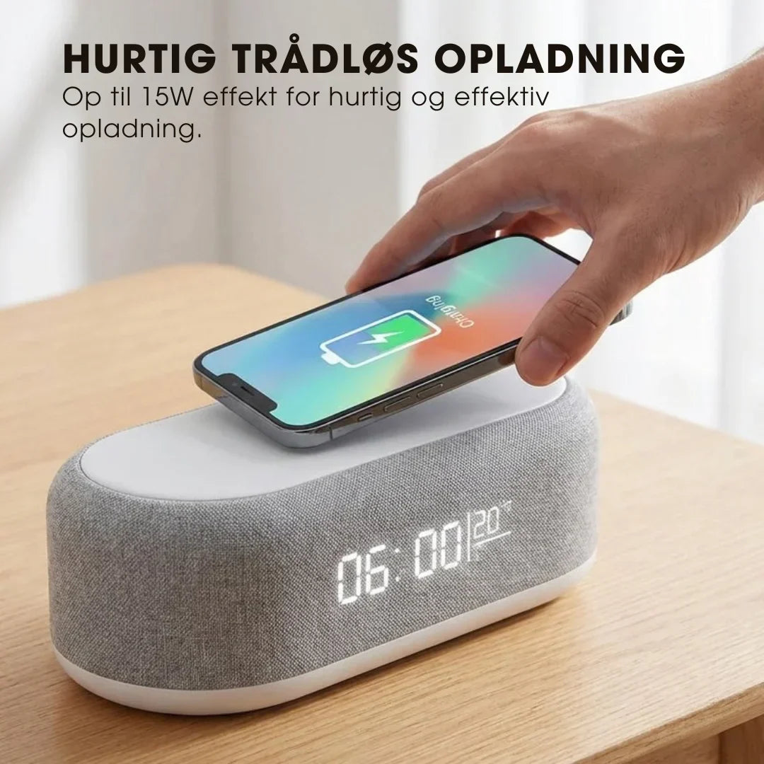 NordicWake | 6-i-1 Multifunktionel Trådløs Ladestation – Alt-i-én Komfort til Dit Natbord ✨
