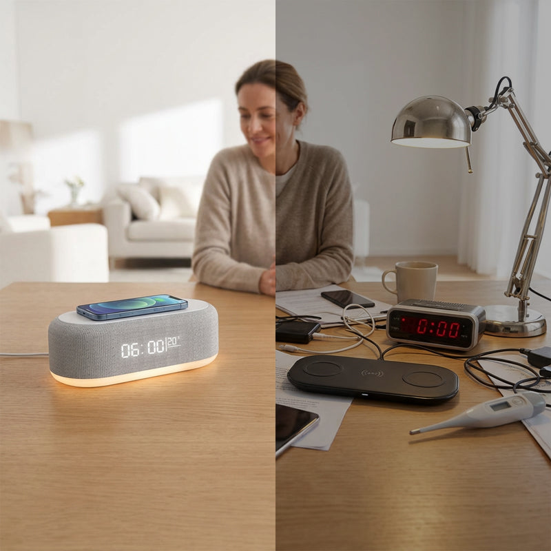 NordicWake | 6-i-1 Multifunktionel Trådløs Ladestation – Alt-i-én Komfort til Dit Natbord ✨